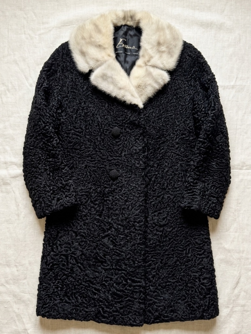 Vintage 1950s Black Persian Lamb Fur Coat with Blonde Mink Collar | Evans